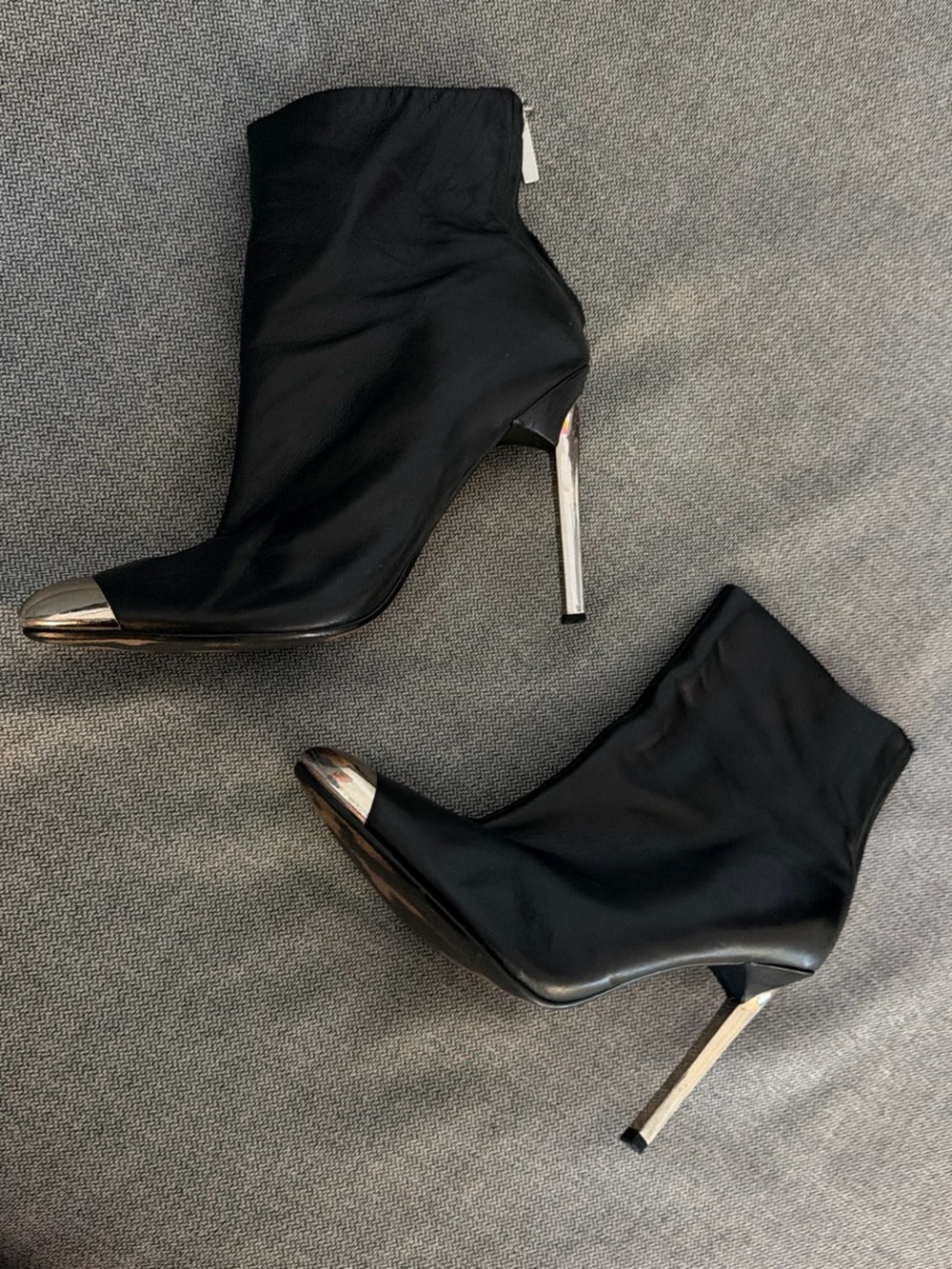 Zara genuine leather Women's Black Ankle Boots with Silver Cap Toe